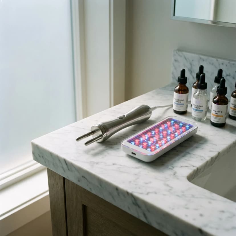 Professional microcurrent and LED therapy device showing blue and red lights on marble vanity