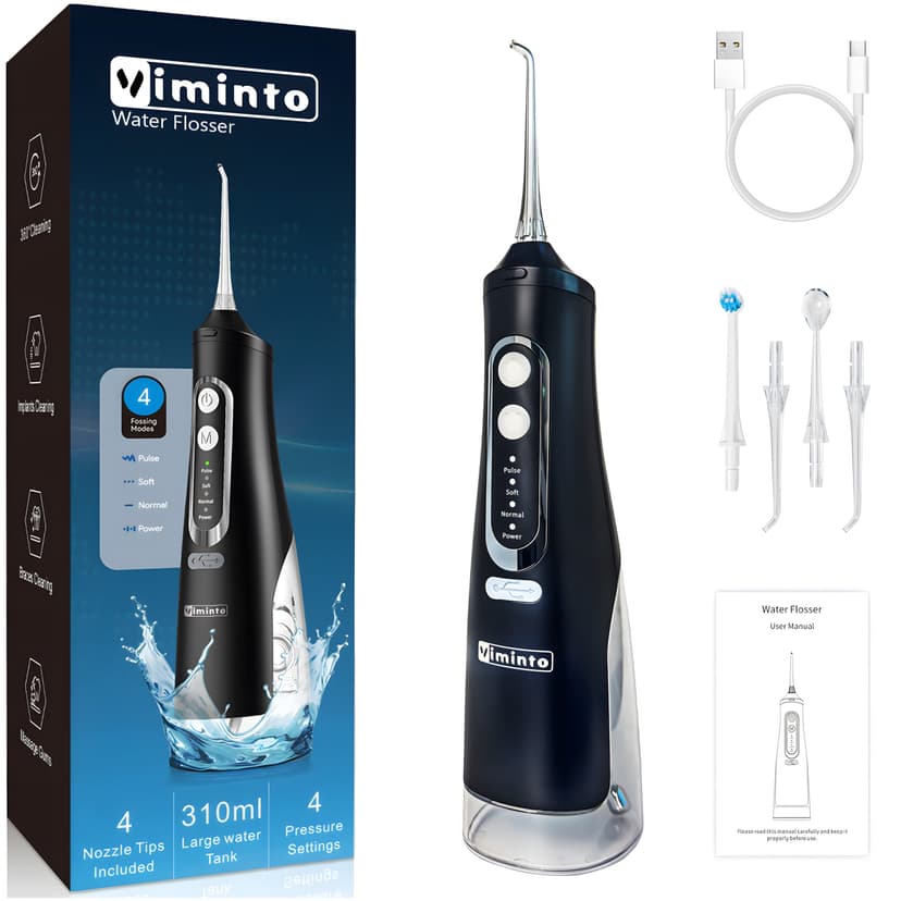 VIMINTO Portable Cordless Water Flosser - Black with Jet Tips and Accessories